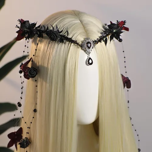 Vista 5 de MOSTORY Corona de flores de hada, corona de elfo floral, círculo de flores de bosque para mujer, Renfaire, Halloween Negro-rojo