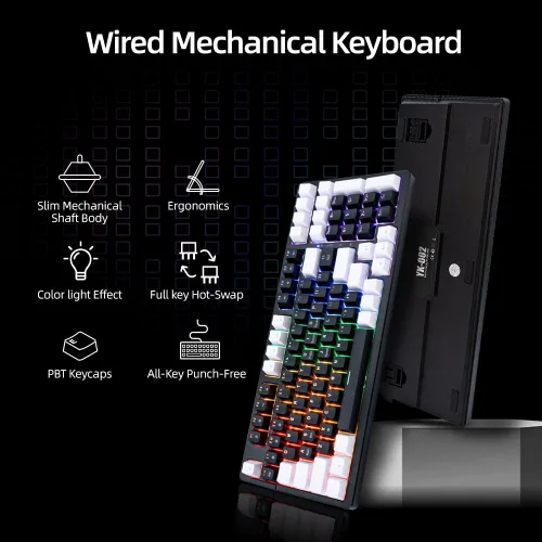 Vista 4 de Teclado mecánico para juegos, llave completa, compacto, con cable, retroiluminado, RGB, interruptores rojos, intercambiables en caliente, USB C