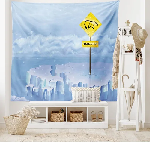 Vista 2 de Lunarable Tapiz de invierno tamaño King, letrero de peligro de oso polar en iceberg ártico norte nevado ilustración agrietada, colcha colgante