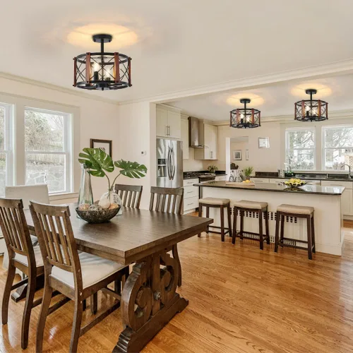 Vista 9 de Lámpara de techo semiempotrada rústica de 4 luces, 12.57 pulgadas, moderna, para entrada, pasillo, lámpara de cocina con tambor de madera de roble