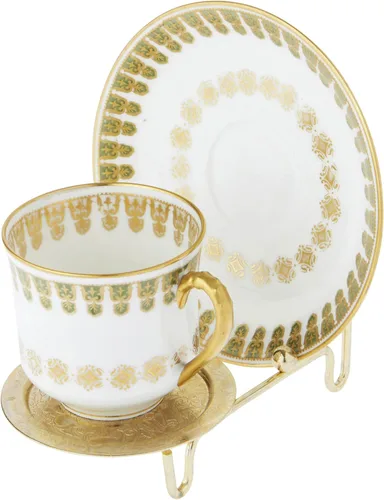 Vista 2 de Bard's Soporte para taza y platillo en tono dorado brillante, 3 pulgadas de alto x 2.75 pulgadas de ancho x 4 pulgadas de profundidad