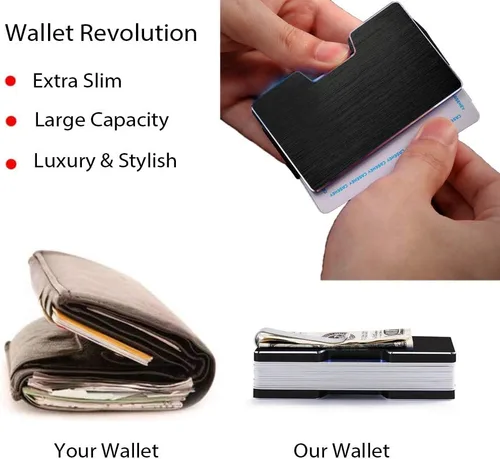 Vista 2 de Cartera minimalista con bolsillo de metal completo con bloqueo RFID tarjetero de bolsillo para tarjetas de crédito Cartera de protección NFC