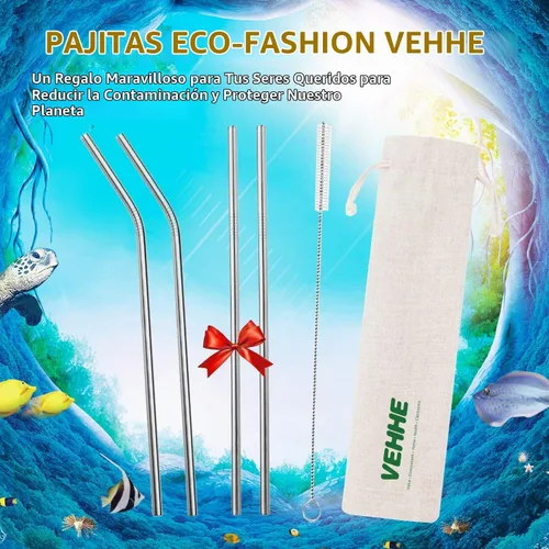 Vista 2 de VEHHE Popotes de metal de acero inoxidable Popotes para beber reutilizables - 10.5" Ultra largo 4 + 1 - Con cepillo de limpieza para vasos de 20/30