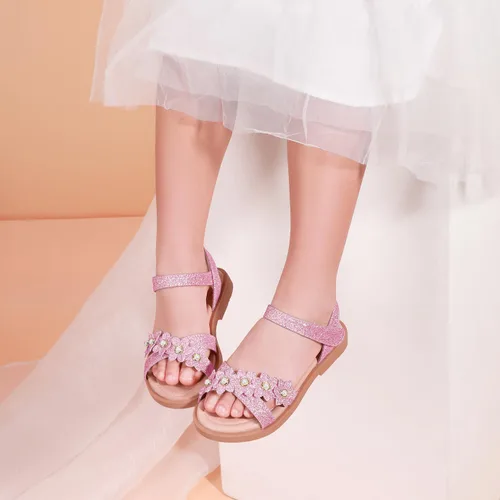Vista 2 de PANDANINJIA Elva - Sandalias para niñas con puntera abierta, bonitas, planas, sandalias de vestir con tiras cruzadas, zapatos de verano para niños
