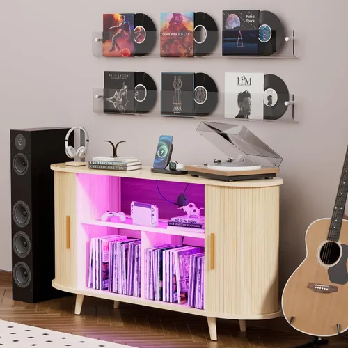 Vista 8 de Soporte para tocadiscos con almacenamiento de vinilo, soporte para tocadiscos con almacenamiento de discos, mesa de soporte para discos de vinilo