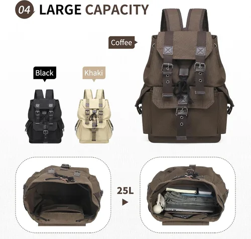Vista 6 de Mochila de lona vintage para hombres y mujeres, mochila casual duradera, mochila de viaje adecuada para senderismo y uso diario, Café, Classic