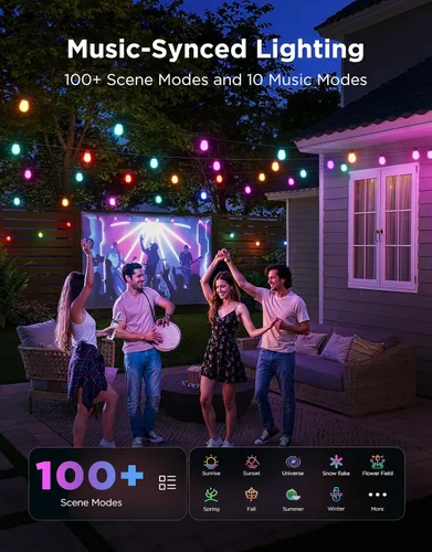 Vista 3 de Govee Guirnalda de luces S14 para exteriores, luces inteligentes RGBIC de 48 pies de color blanco cálido con 15 bombillas LED, 111 modos de escena