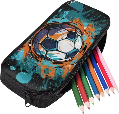 Vista 2 de COEQINE Estuches escolares para niños, con patrón de fútbol, para escuela secundaria, organizador de lápices de gran capacidad con cremallera