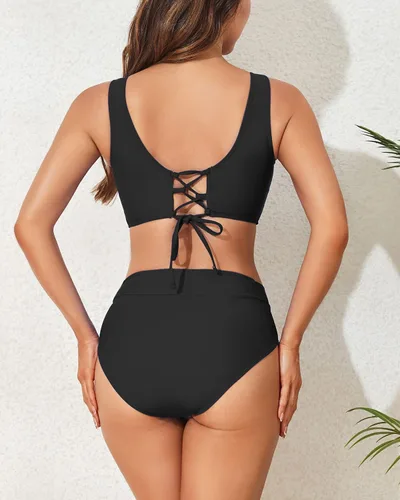 Vista 5 de Conjunto de bikini de cintura alta para mujer, traje de baño de dos piezas con lazo en la espalda