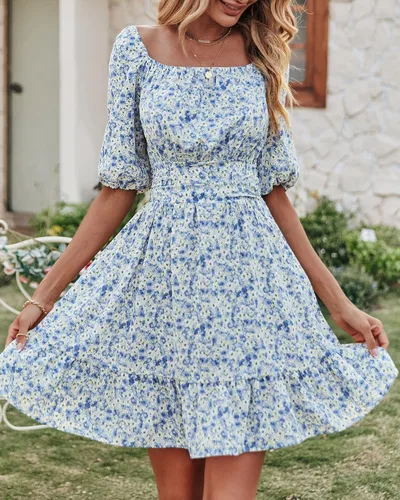 Vista 3 de BTFBM Vestido casual de verano de manga corta con cuello cuadrado para mujer, con lazo en la espalda, floral, cintura alta, con volantes