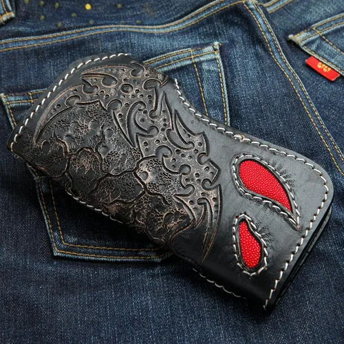 Vista 4 de Cartera Biker Rojo Demonio Stingray Cuero Tallado, rojo, (Red Demon), Moderno