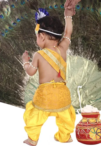 Vista 5 de Raj Fancy Dresses Vestido Shri Krishna para bebés niño y niña vestido Janmashtmi con Dhoti Dupatta vestido Kanha para 3 meses a 8 años