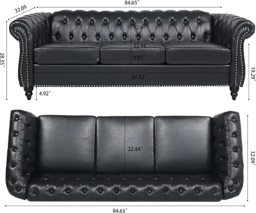 Vista 2 de 84.65" Scroll Arms Chesterfield Sofa PU Leather 3 Seater Couch with Soft Seating Cushions, Modern Style 3-seat Sofa for Living Room Office Apartment