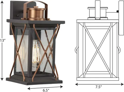 Vista 12 de Progress Lighting Barlowe Collection - Farol de pared pequeña de cristal transparente con semillas para exteriores, 13 x 6.5 x 6.5 pulgadas, bronce