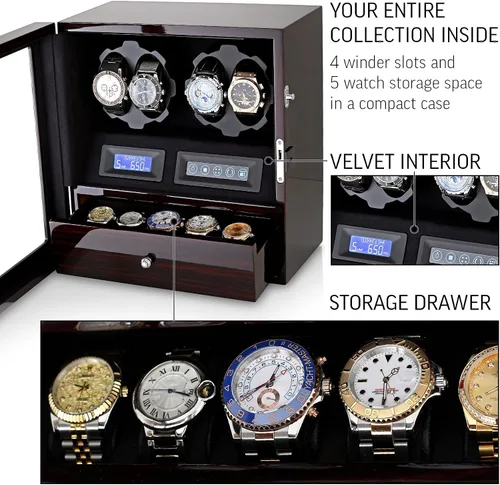 Vista 6 de 4 Watch Winder with 5 Watch Storage Space, LCD Display, Touch Control and Interior Light