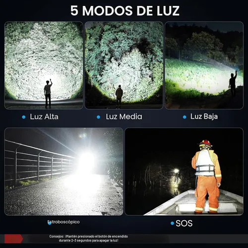 Vista 5 de Paquete de 3 linternas recargables de altos lúmenes, linterna LED súper brillante de 990000LM, luz de flash potente ajustable con 5 modos y cable