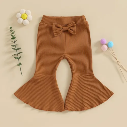Vista 2 de Pantalones acampanados para bebé niña, color sólido, acanalados, con volantes, pantalones acampanados
