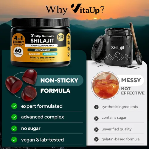 Vista 9 de VitaUp Gomitas Shilajit del Himalaya para hombres y mujeres – Gomitas Shilajit sin azúcar con ácido fúlvico – Energía pura, inmune y apoyo al