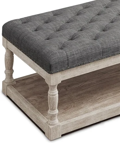 Vista 8 de Mesa de café estilo otomana, otomana grande rectangular con almacenamiento - Banco acolchado tapizado para sala de estar, tela de lino con botones