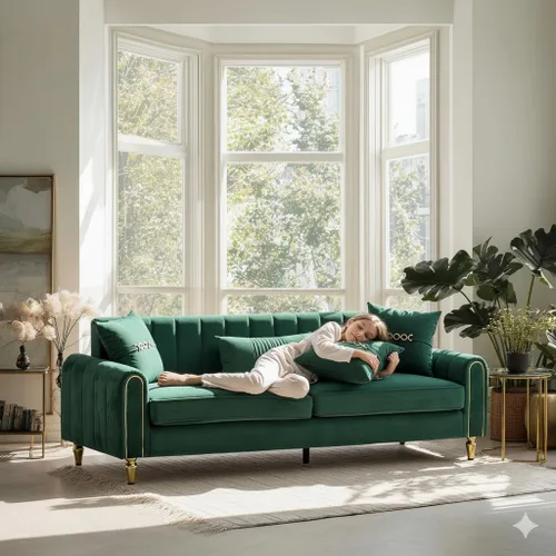 Vista 16 de Sofá de terciopelo de 87.5 pulgadas, sofá de 3 plazas para sala de estar, cómodo y moderno, con 9 almohadas suaves y patas de metal, decoración