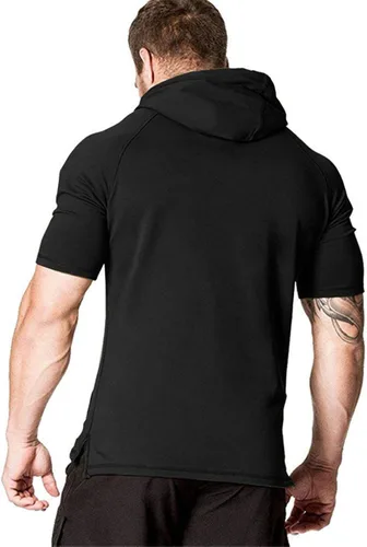 Vista 2 de COOFANDY Sudaderas deportivas de moda para hombre, ajuste muscular, para entrenamiento, gimnasio, sudadera de algodón de manga corta con capucha