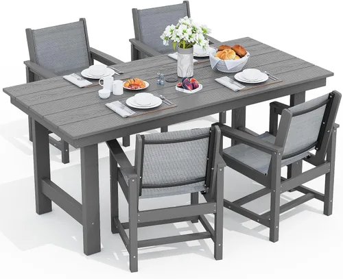 Vista 9 de SERWALL Juego de mesa de comedor de 7 piezas, muebles de comedor de polietileno de alta densidad para exteriores con agujero para paraguas y 6 Negro