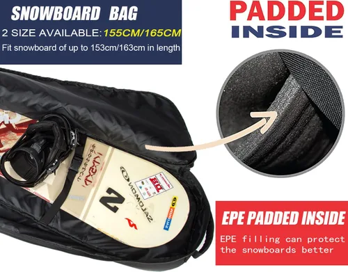 Vista 2 de Bolsa de snowboard MERALIAN para viajes aéreos, bolsa de snowboard acolchada para tabla, botas, ropa, casco y equipo, disponible en longitud
