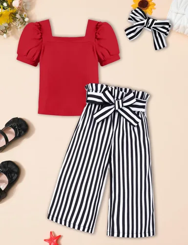 Vista 39 de DONWEN Conjunto de 3 piezas de ropa para niñas pequeñas y niñas con cuello cuadrado + pantalones elegantes + diadema para primavera y verano