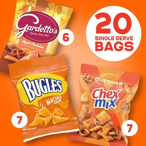 Vista 3 de Cheesy Mix Paquete variado de aperitivos, Chex Mix Cheddar, Bugles Nacho Cheese, Gardetto's Aged Cheddar, 20 unidades, 28.875 oz
