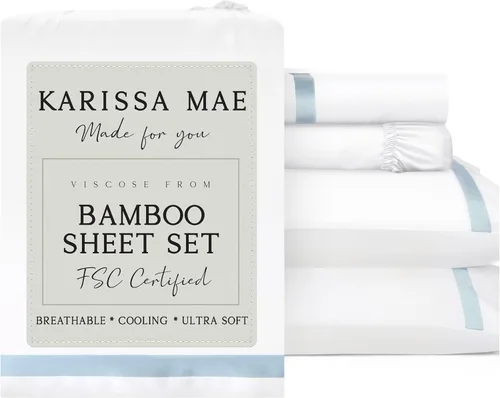 Vista 62 de KARISSA MAE Juego de sábanas de viscosa de bambú de lujo, 100% certificado FSC, refrescante, lujosamente suave, bolsillos profundos de 18 pulgadas