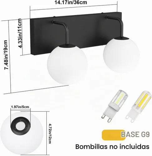 Vista 6 de Tipace Lámpara de tocador negra, 2 luces modernas sobre espejo con globo blanco leche blanca para baño (excluye bombilla)