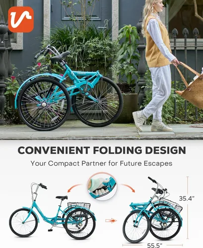 Vista 3 de VIRIBUS Triciclo plegable para adultos, triciclo plegable de 7 velocidades para adultos con cesta con ruedas extraíble, bicicletas plegables de 3