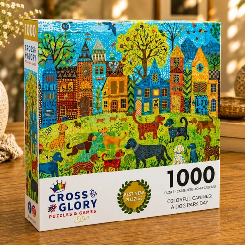 Vista 2 de Cross & Glory - Rompecabezas de 1000 piezas para perros adultos Caninos coloridos: un día de parque para perros Rompecabezas de perros de parque