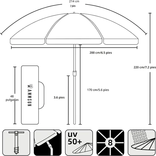 Vista 6 de AMMSUN Sombrillas de playa de 7 pies de alta resistencia para vientos fuertes con ancla de arena, ventilación inclinable, protección UV 50+ contra