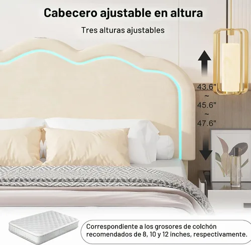 Vista 6 de VECELO Base de cama tapizada tamaño Queen con cabecero ajustable, luces LED, USB-A y tipo C, plataforma de terciopelo sin ruido, base de colchón