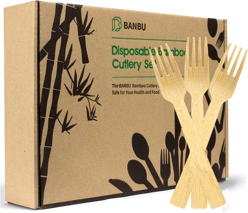 Vista 6 de BANBU Utensilios de bambú desechables - 100 tenedores de bambú desechables 100% compostables, biodegradables, renovables, naturales tenedores