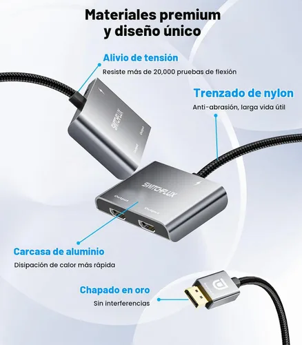 Vista 7 de Adaptador DisplayPort a HDMI dual [4K @60Hz] Divisor DP a HDMI, pantalla extendida de 1 en 2 salidas, convertidor de fuente macho DP para monitores