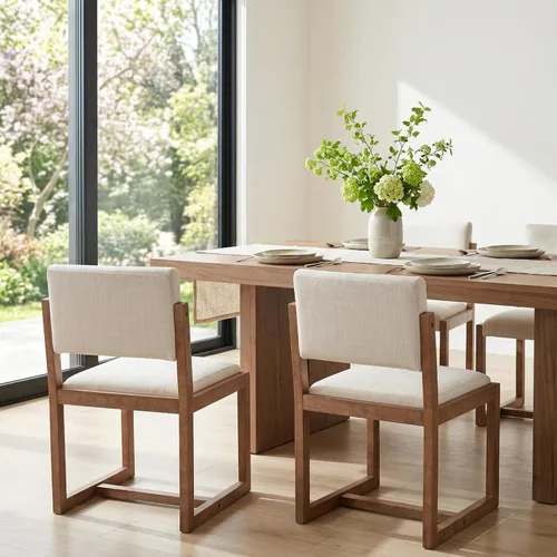 Vista 8 de DUOMAY Juego de 2 sillas de comedor tapizadas, sillas de comedor modernas de mediados de siglo, sillas auxiliares de cocina de tela de lino con Beige