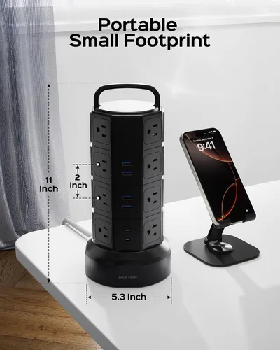 Vista 9 de Regleta de alimentación con protector de sobretensión de torre, JACKYLED 16 tomas 6 USB (2 USB C) estación de carga, cable de extensión con Negro