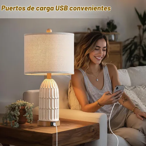 Vista 3 de Cinkeda Touch Table Lamp for Bedroom Nightstand, Cream Farmhouse Vintage Rustic 3-Way Dimmable Bedside Lamps with 2 USB Charging Ports,Single Cream