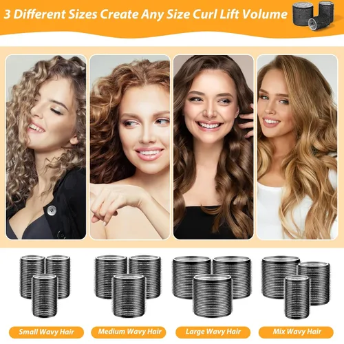 Vista 5 de 39 piezas de rulos autoadhesivos de 3 tamaños - Negro de 2.5 pulgadas, 1.9 pulgadas, 1.4 pulgadas con clips de pico de pato para cabello largo