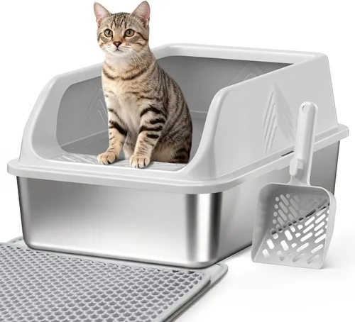 Vista 9 de Pequeña caja de arena de acero inoxidable con tapa para gatitos, cajas de arena de metal para gatos con laterales altos cerradas para gatos
