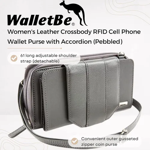 Vista 2 de WalletBe Cartera RFID para mujer, bolso cruzado de cuero con acordeón guijarro
