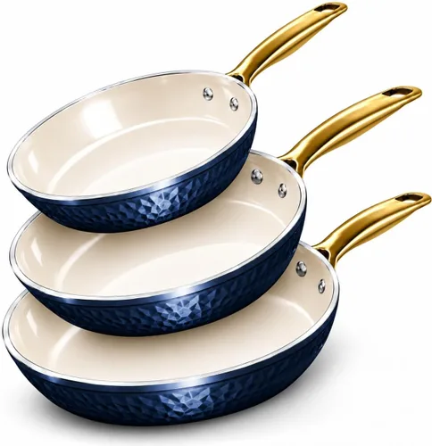 Vista 10 de GOTHAM STEEL Hammered - Juego de 3 sartenes antiadherentes, color azul Crema Martillada