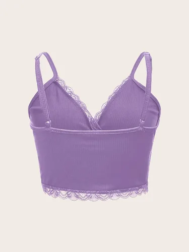 Vista 2 de MakeMeChic Camiseta corta sin mangas con cuello en V y ribete de encaje Y2K para mujer
