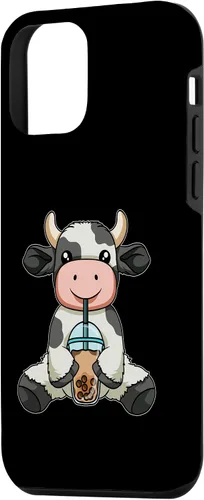 Vista 2 de iPhone 12 mini vaca beber té de burbujas lindos animales con estuche de té Boba