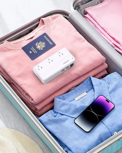 Vista 7 de Convertidor de viaje de 220 V a 110 V, convertidor de voltaje de EE. UU. a Europa, convertidor de corriente con 3 enchufes de CA y 4 puertos USB-A