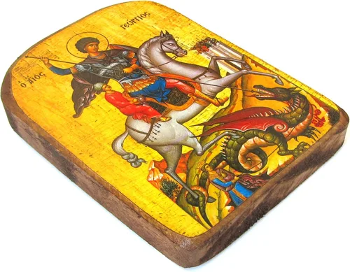 Vista 2 de Icono de madera griego ortodoxo cristiano de madera de San Jorge montando su caballo y matando a la bestia / MP2