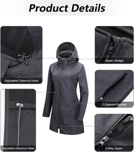 Vista 3 de 33,000ft Chaqueta impermeable Softshell larga para mujer con capucha forro polar cortavientos cortavientos