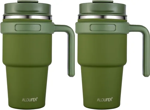 Vista 8 de Taza de café aislada de 20 onzas con asa, vaso de viaje de acero inoxidable con tapa y popote, taza térmica de doble pared al vacío a prueba de Negro